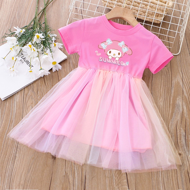 Đầm Tay Ngắn In Họa Tiết Hoạt Hình Phối Lưới Màu Cầu Vồng Thời Trang Xinh Xắn Cho Bé Gái