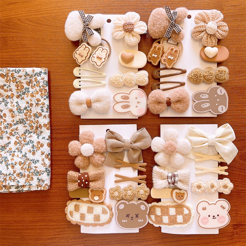 Bộ Kẹp Tóc Đính Nơ Họa Tiết Gấu Hoạt Hình Phong Cách Hàn Quốc Dễ Thương Cho Bé Gái