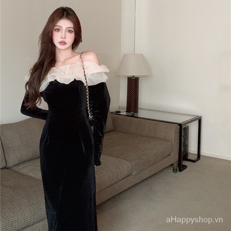 Đầm Nhung Đen Tay Dài Hở Vai Phong Cách Pháp Thời Trang Quyến Rũ Cho Nữ