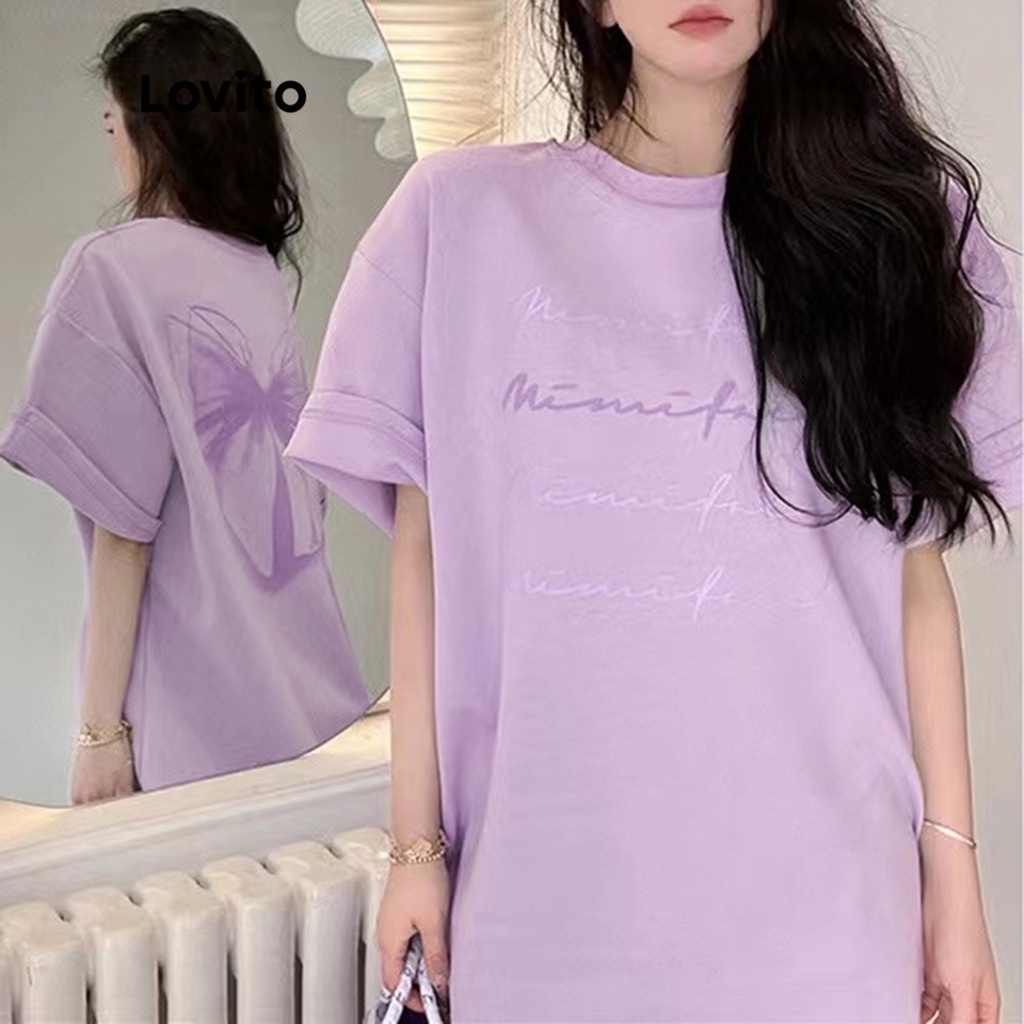 Áo thun LOVITO tay ngắn cổ tròn họa tiết chữ cái thường ngày dành cho nữ LNE06167 (màu tím)