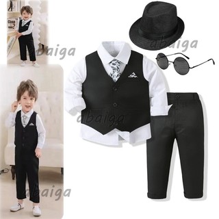 Boss set áo sơ mi tay dài + cà vạt + áo vest + quần đen thời trang lịch lãm cho bé trai 1 tuổi