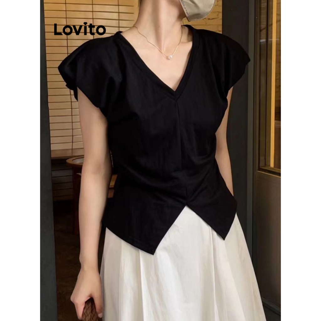 Lovito Áo thun xếp nếp trơn đơn giản dành cho nữ L71ED031