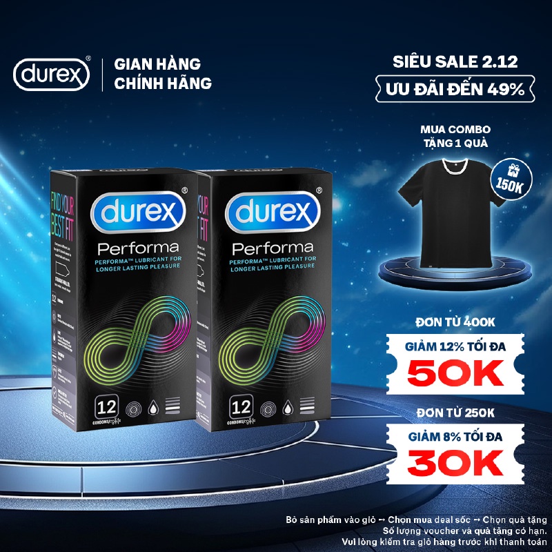 Bộ 2 hộp bao cao su Durex Performa kéo dài thời gian, size 52mm, hộp 12 bao