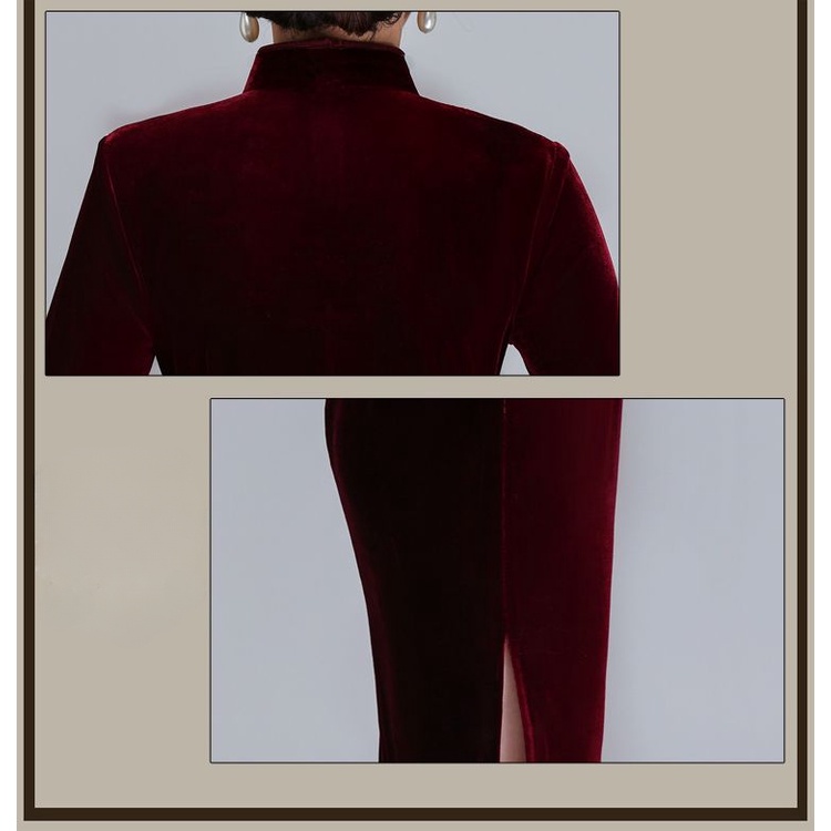 Đầm Sườn Xám Cách Tân Chất Nhung Tay Lửng Thêu Họa Tiết Phong Cách Trung Hoa Thời Trang Xuân Thu Cho Nữ