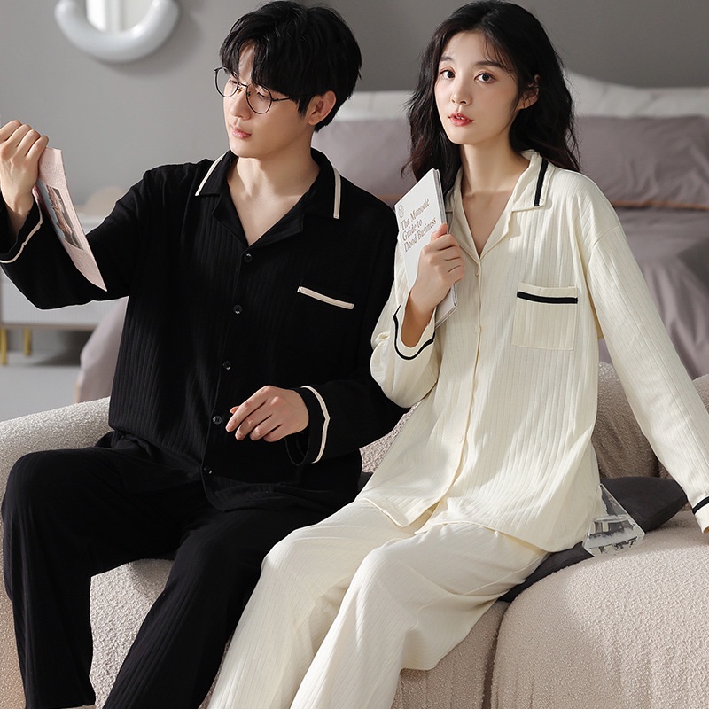 Bộ Đồ Ngủ cotton Tay Dài Cổ Bẻ Thời Trang Xuân Thu Cho Cặp Đôi