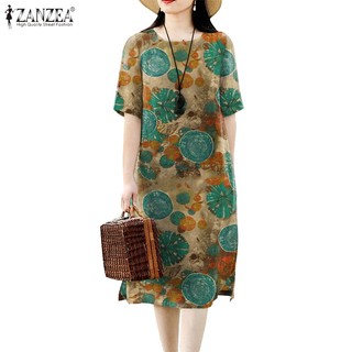 Đầm nữ ZANZEA tay ngắn cổ chữ o phong cách vintage