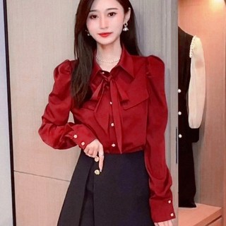 Áo Sơ Mi Công Sở Nữ Tay Dài Dáng Rộng Màu Đỏ Thời Trang