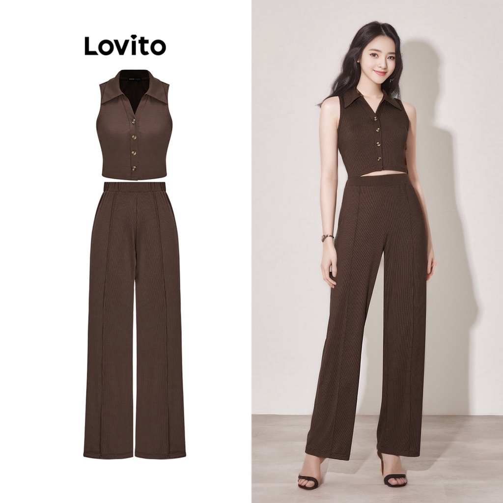 Set đồ Lovito lưng thun màu trơn phối nút phía trước thời trang thanh lịch cho nữ L59ED100 (Nâu)
