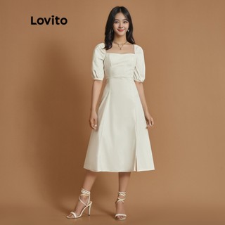 Lovito Áo choàng bóng tay trơn thanh lịch xẻ tà A Line Phụ nữ Váy L34UD029 (Trắng)