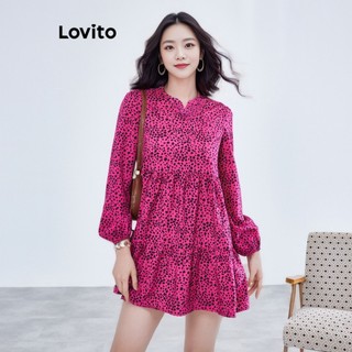 Đầm LOVITO cổ chữ V viền xếp nếp xếp tầng họa tiết da báo thường ngày cho nữ LBE01054 (Màu hồng đậm)