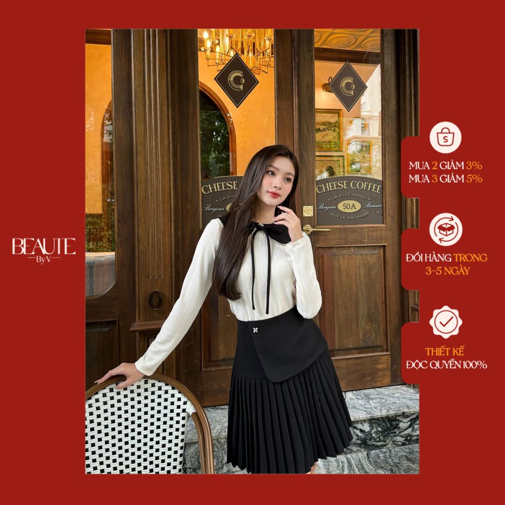 BEAUTEBYV - Áo len mỏng nữ phối cổ kèm dây thắt nơ Lalen