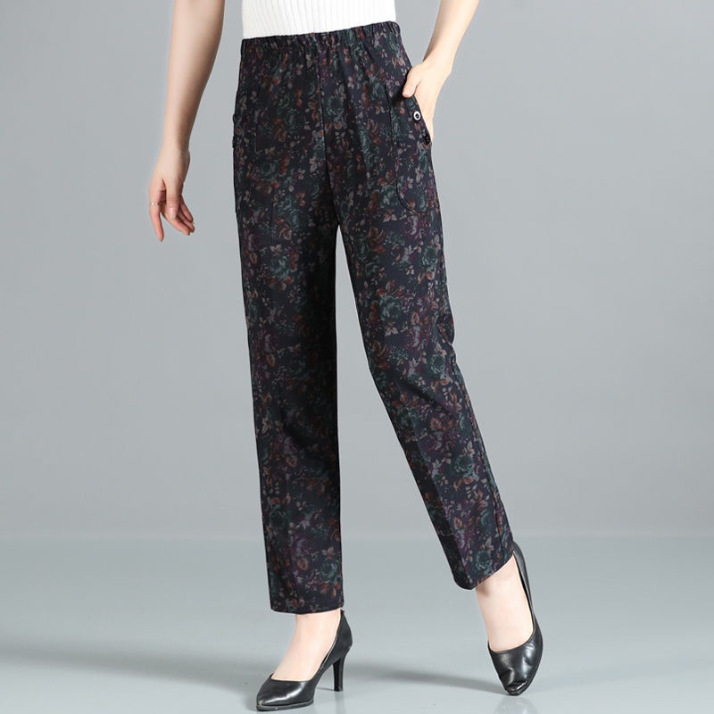 Quần Dài Ống Rộng Lưng Cao Co Giãn Tốt In Họa Tiết Hoa Thời Trang Xuân Thu Cho Nữ Trung Niên