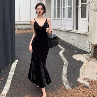 Đầm Đuôi Cá Dáng Dài Cổ Chữ v Màu Đen Quyến Rũ Thời Trang Dành Cho Nữ