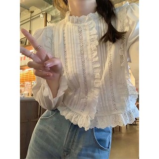 Áo kiểu tay dài cổ đứng phối ren phong cách thời trang Hàn Quốc