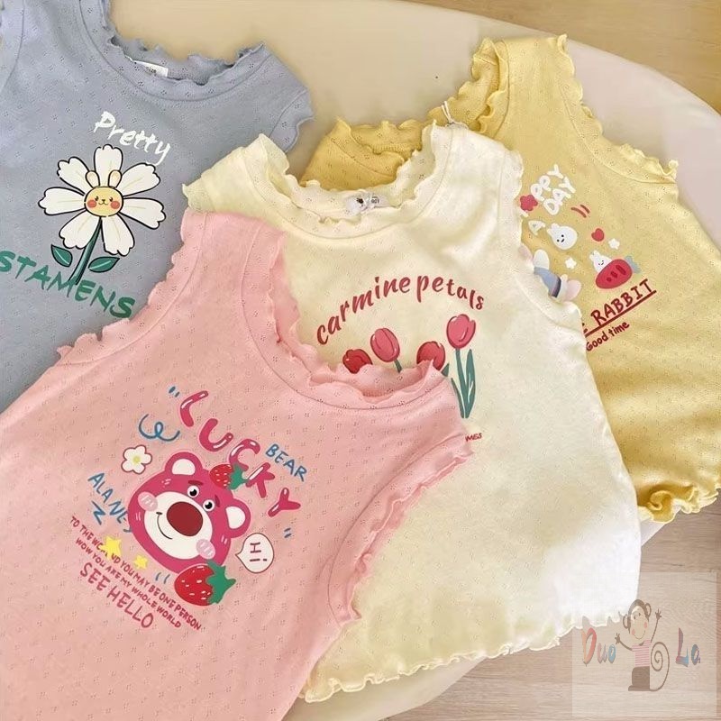 [Hàng Mới Về] Áo Sát Nách Cotton Thoáng Khí In Hình Gấu Và Dâu Tây Thờ