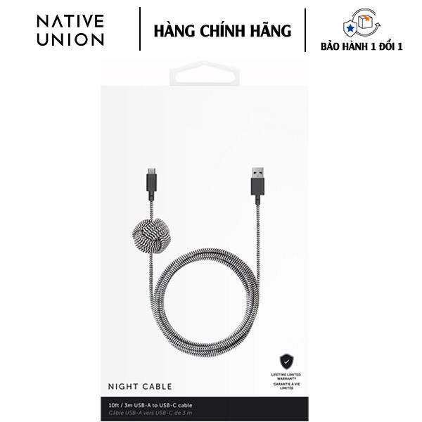 [HÀNG CHÍNH HÃNG] Dây Cáp Sạc CABLE TYPE A-C ZEBRA (3m) Native Union NIGHT