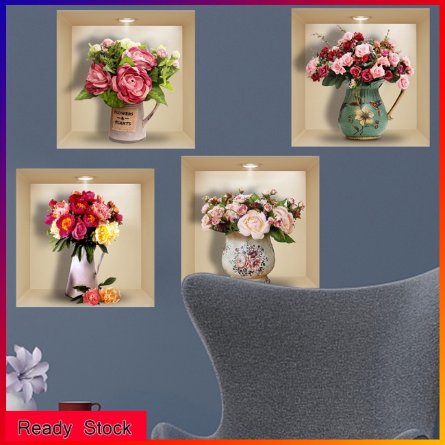 Set 4 Nhãn Dán Trang Trí Tường Họa Tiết Bình Hoa Hồng 3d Độc Đáo