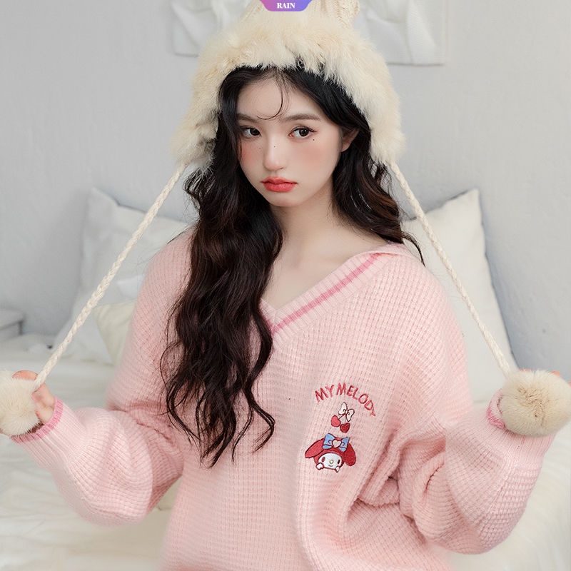 Áo sweater Dệt Kim Thêu Hoạt Hình sanrio cinnamoroll my melody kuromi pom pom purin v navy Leaderer y2k lolita