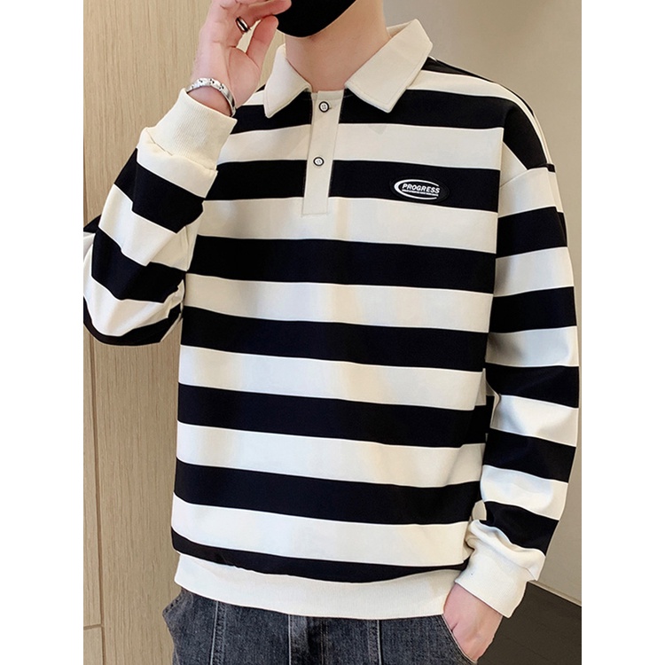 Áo Thun polo Dài Tay Họa Tiết Kẻ Sọc Phong Cách Đường Phố Thời Trang Mùa Xuân Cho Nam