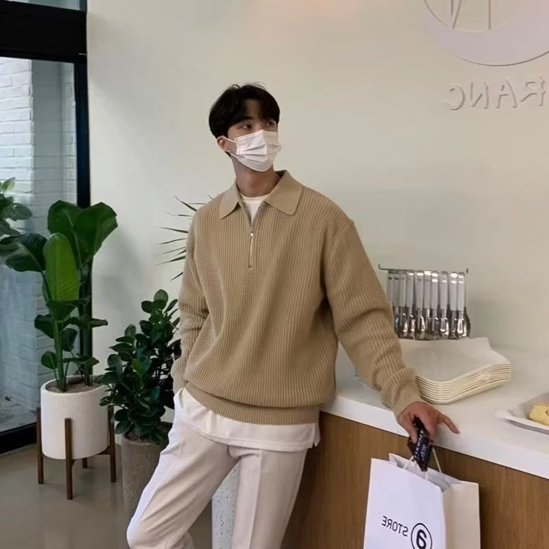 Áo polo Dệt Kim Tay Dài Dáng Rộng Màu Sắc Đơn Giản Thời Trang Thu Đông Cho Nam Giới