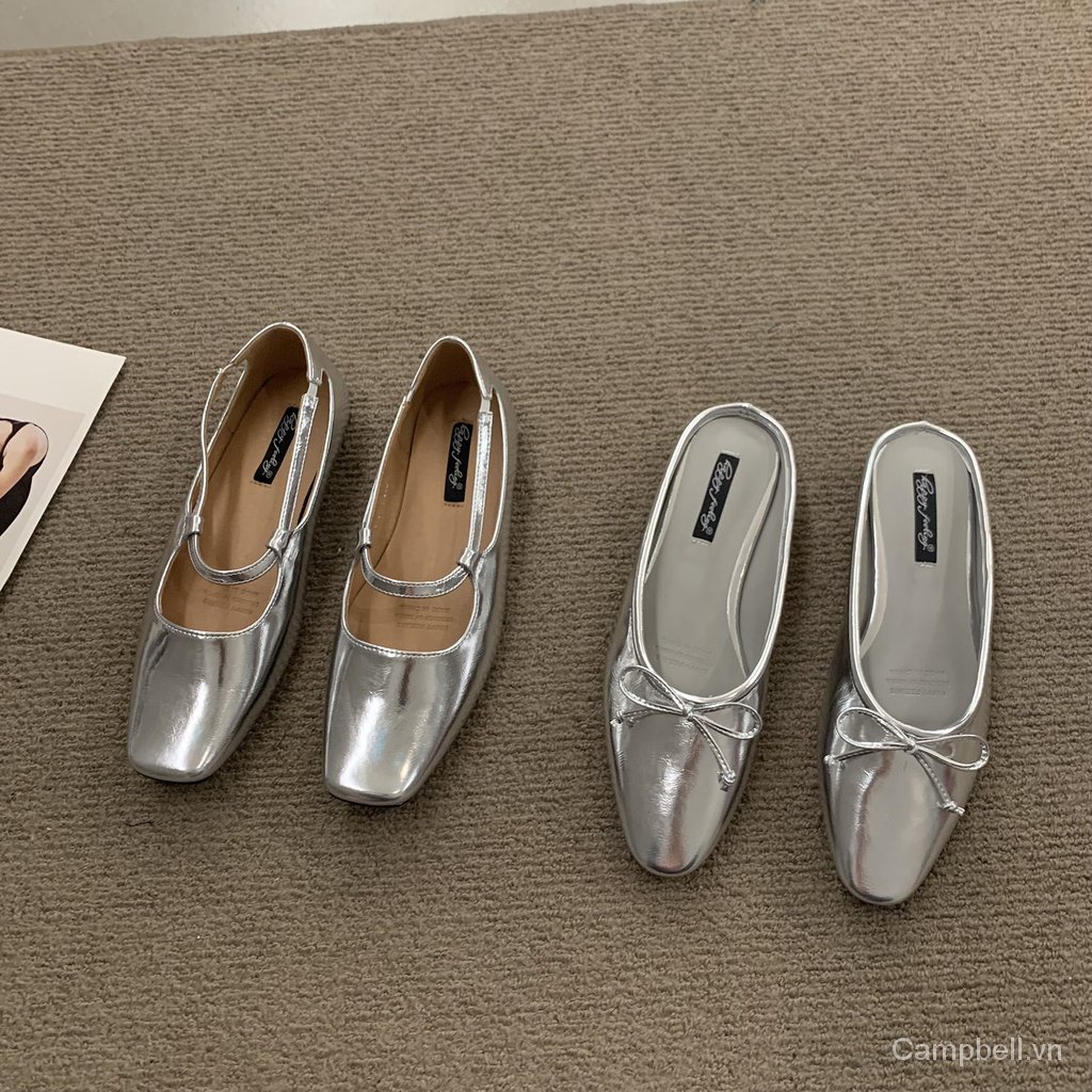 Giày Búp Bê Mũi Vuông Đính Nơ Màu Bạc Thời Trang Xuân Hè 2023