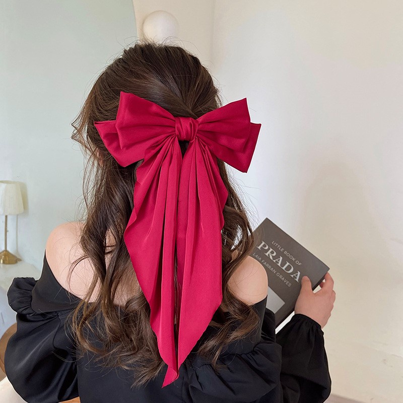 Kẹp Tóc Nơ Dài Vải Voan Thêu Hoa Đính Ngọc Trai Nhân Tạo Thời Trang