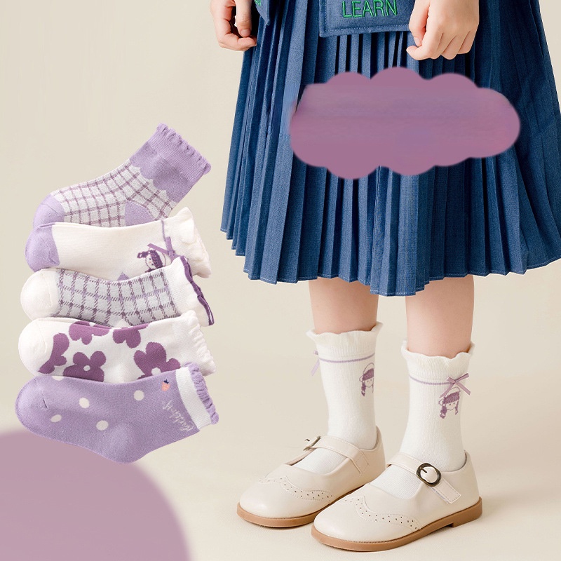 Set 5 Đôi Vớ cotton Mùa Hè Phối Lưới Màu Tím In Họa Tiết Hoạt Hình Dễ Thương Cho Bé Sơ Sinh jp7