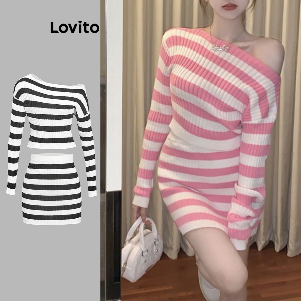 Lovito Bộ váy tay dài sọc thường ngày cho nữ L61AD097 (Hồng đen)
