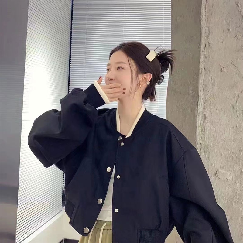 Ruo Beixuan Áo Khoác Bóng Chày Màu Trơn Phong Cách Hàn Quốc Thời Trang Thu Đông Cho Nữ
