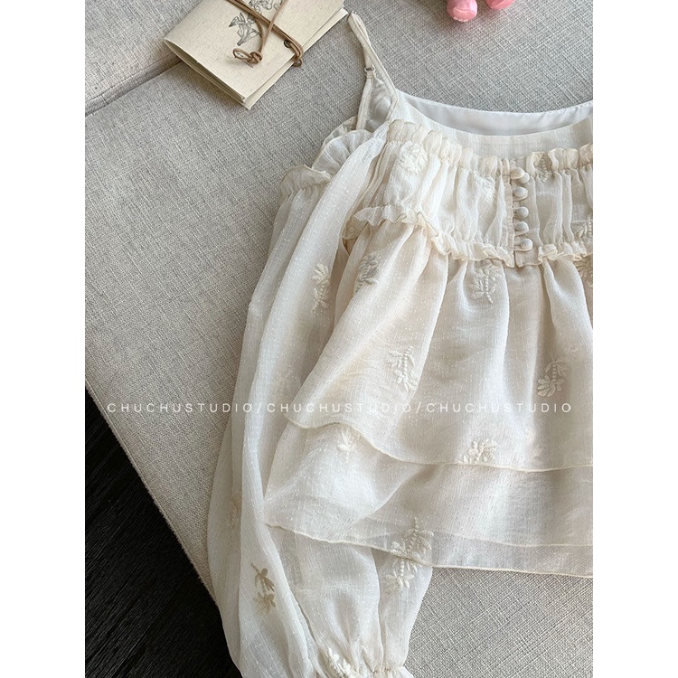 Áo Kiểu Tay Dài Phồng Hở Vai Thêu Họa Tiết Thời Trang Hàn Quốc Dành Cho Nữ