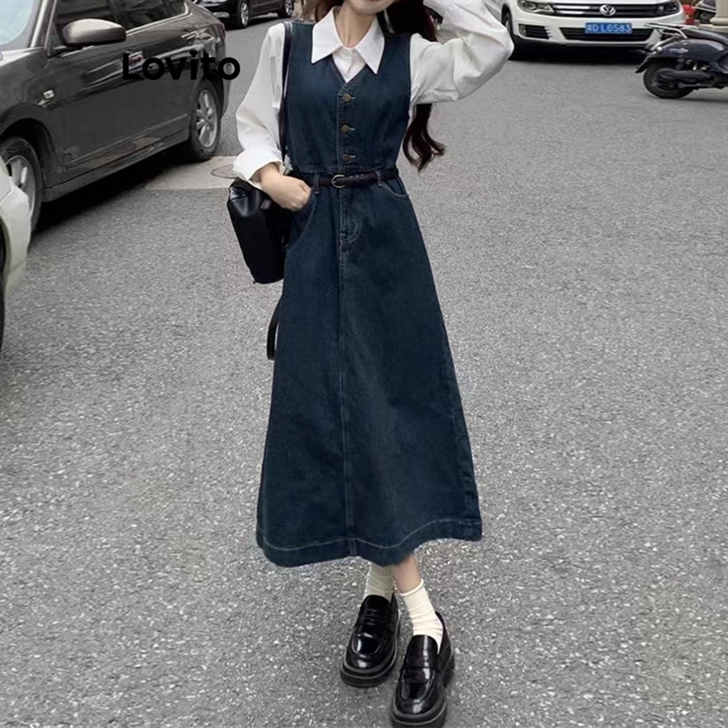 Lovito Váy denim có nút trơn thông thường có túi phía trước thô cho nữ LNE24108 (Xanh đậm)