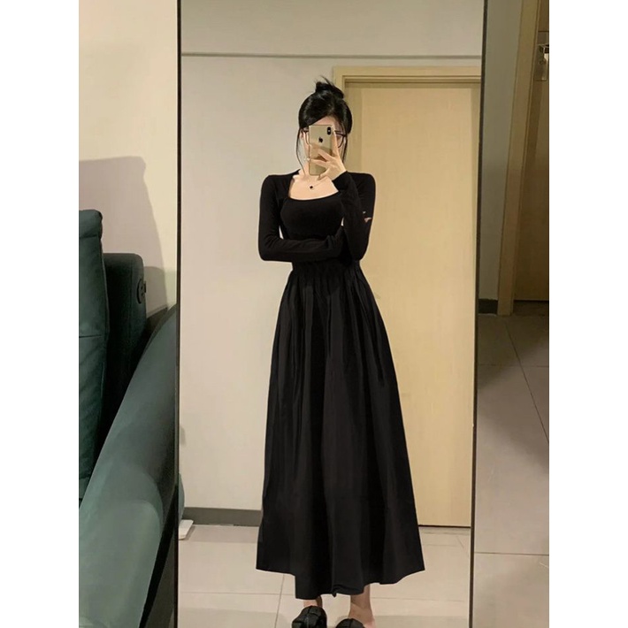 Đầm midi Đen Tay Dài Nhấn Eo Phong Cách Pháp Thời Trang Thu Đông 2023 Cho Nữ