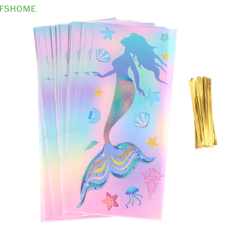 Set 50 Túi Nhựa Đuôi Nàng Tiên Cá Đựng Kẹo Thắt Nơ Ruy Băng Cho Bữa Tiệc Fshn
