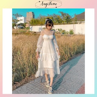 VÁY TRẮNG MIDI 2 DÂY TAY DÀI PHỐI VOAN CÚP NGỰC ANGIHOME