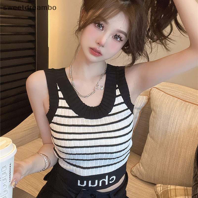 Áo Dệt Kim Sát Nách Cổ Tròn Họa Tiết Kẻ Sọc Màu Tương Phản Thời Trang Mùa Hè Cho Nữ