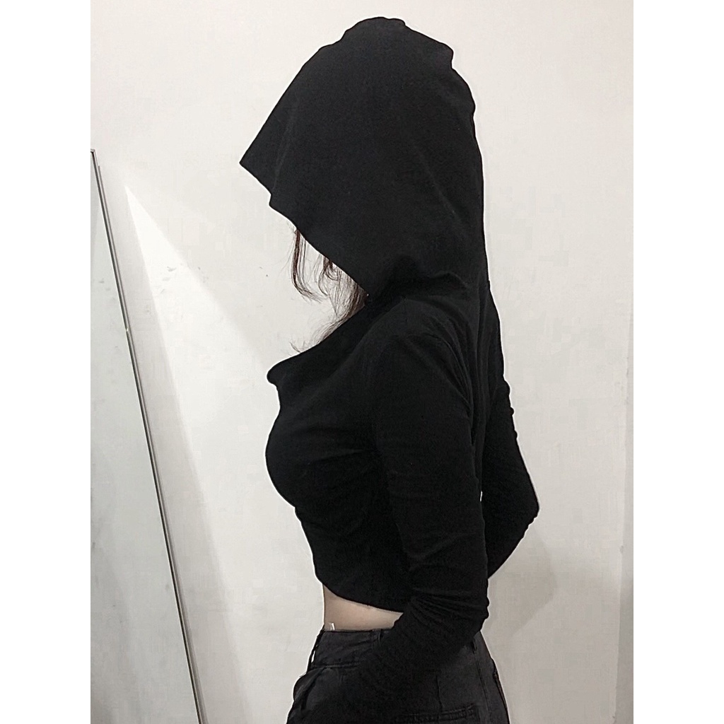 Đen Áo Hoodie Lửng Tay Dài Màu Trơn Dáng Ôm Thời Trang Mùa Thu Phong Cách Hàn Quốc