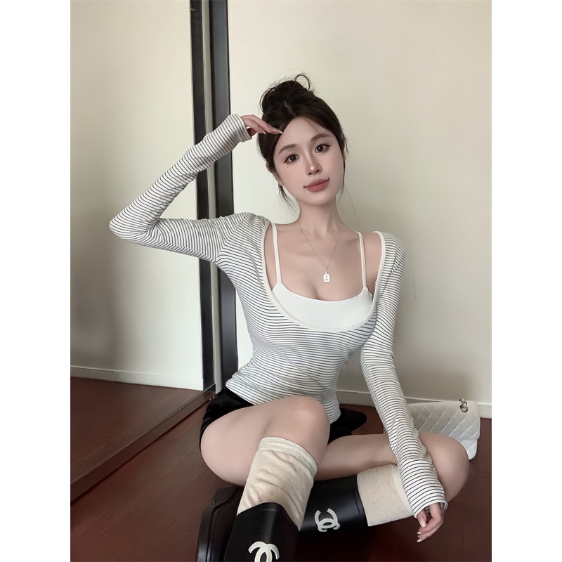 Liasynn set Áo Thun Tay Dài Có Mút Đệm Ngực Và Áo Hai Dây Kẻ Sọc Ngang Ngọt Ngào Thời Trang Thu Đông