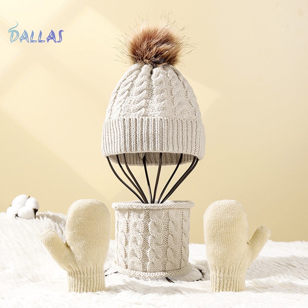 Set 3 Món Mũ Len + Găng Tay + Khăn Choàng Cổ + Găng Tay Mềm Mại Dày Dặn Giữ Ấm Mùa Đông Cho Bé