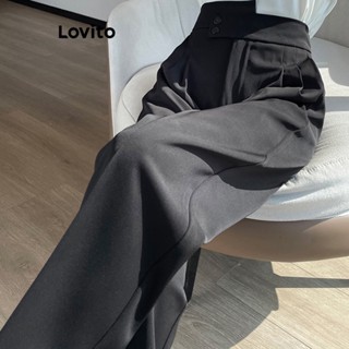 Quần Lovito cài nút bất đối xứng màu trơn thường ngày cho nữ LNE20149 (Màu đen)