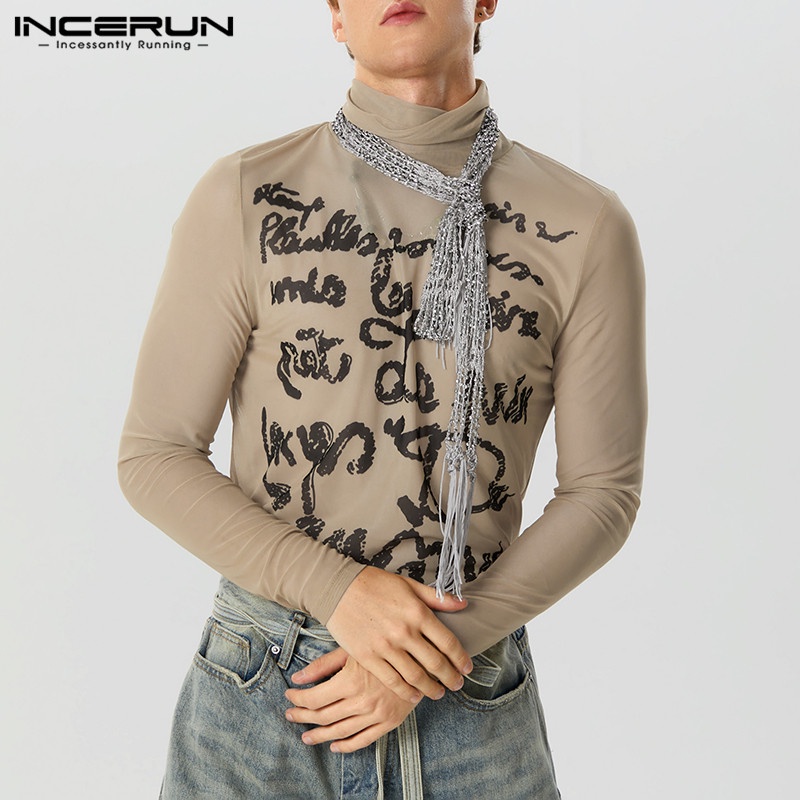 Incerun Áo Thun Nam Tay Dài Cổ Cao Phối Lưới Màu Sắc vintage Nhìn Xuyên Thấu In Chữ Tiếng Anh