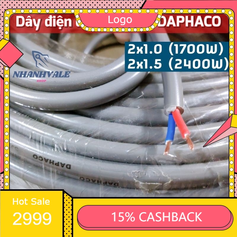 (mua từ 5 mét trở lên)Dây điện đôi bọc xám DAPHACO, dây điện bọc xám, dây FA tiết diện 2 x 1.0 và 2 