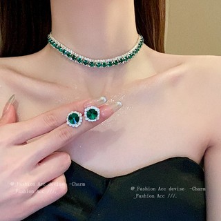 Bộ dây chuyền bông tai set vòng cổ và đính đá ngọc lục bảo hình vuông nhỏ thanh lịch dành cho nữ