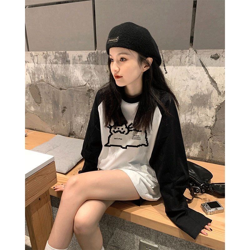 Ielgy Áo Thun Tay Dài Dáng Rộng Màu Tương Phản Phong Cách Hàn Quốc Thời Trang Cho Nữ