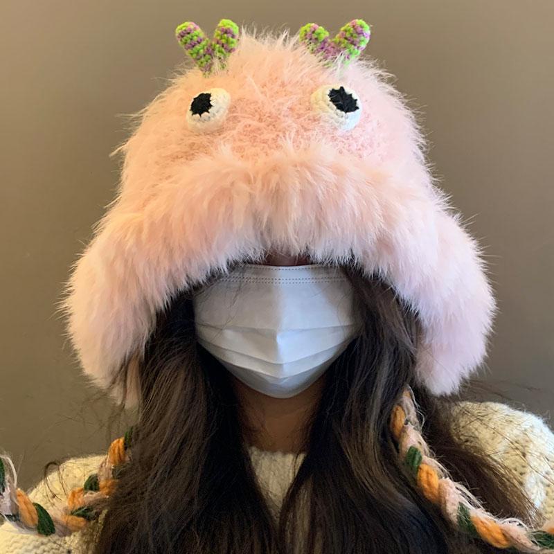 Mũ Len Dệt Kim Dày Dặn Giữ Ấm Tai Hình Quái Vật Nhỏ Dễ Thương Cho Nữ