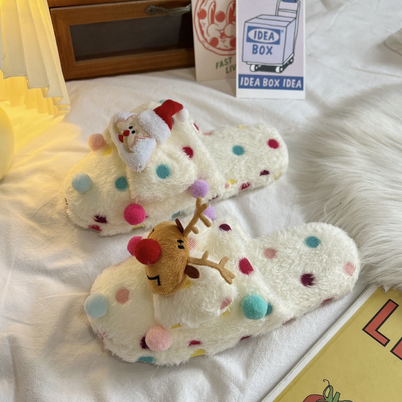 YAOLI Dép Bông Đi Trong Nhà Bằng cotton Phối Lông Thời Trang Giáng Sinh Dễ Thương Dành Cho Nữ Sinh Ký Túc Xá