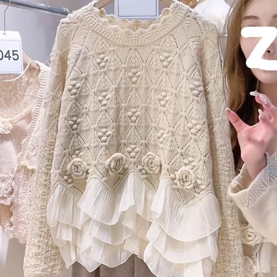 Áo Len Hàn dệt hoa phối 3 tầng tơ bèo dệt kim hoạ tiết Viviene