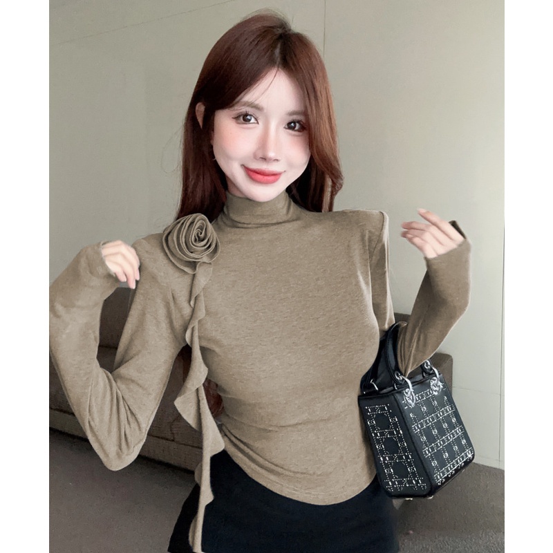 Áo Thun Tay Dài Cổ Cao Dáng Ôm Thời Trang Thu Đông Cho Nữ