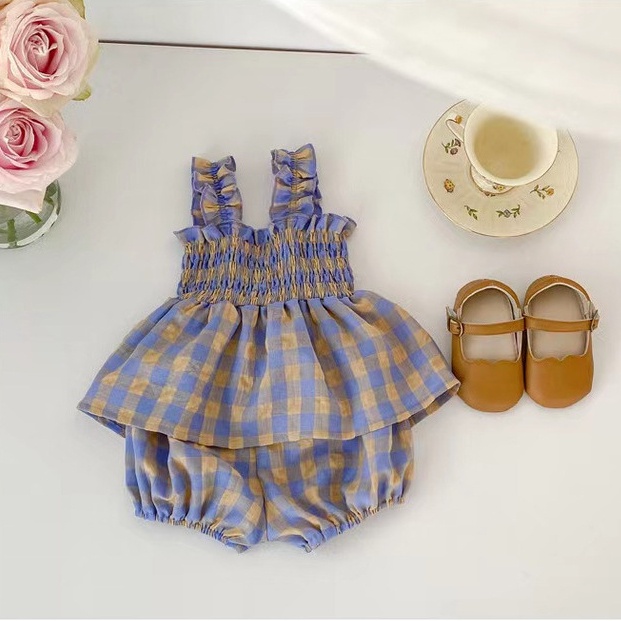 Bộ Áo Liền Quần Dạng Váy Hai Dây Họa Tiết Caro Dễ Thương Thời Trang Xuân Hè Cho Bé Gái 0-24 Tuổi