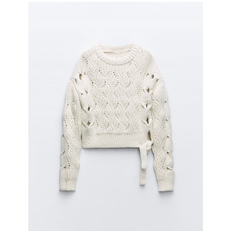 Zara Áo sweater Dệt Kim Tay Dài Cổ Tròn Phối Nơ Thời Trang Thu Đông Cá Tính3859110