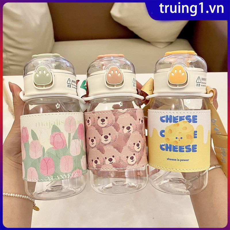 SANRIO Bình Nước Nhựa 450 / 400ml Có Ống Hút Hình Hoa tulip Dễ Thương